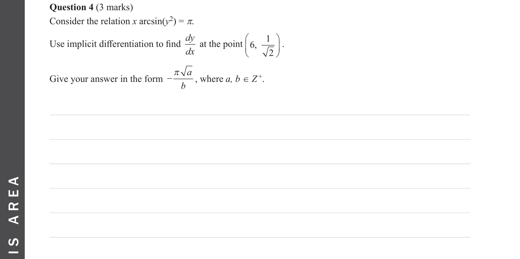 Specialist Mathematics 2023 Exam 1 Question 4 — Implicit differentiation, Derivatives of inverse circular functions