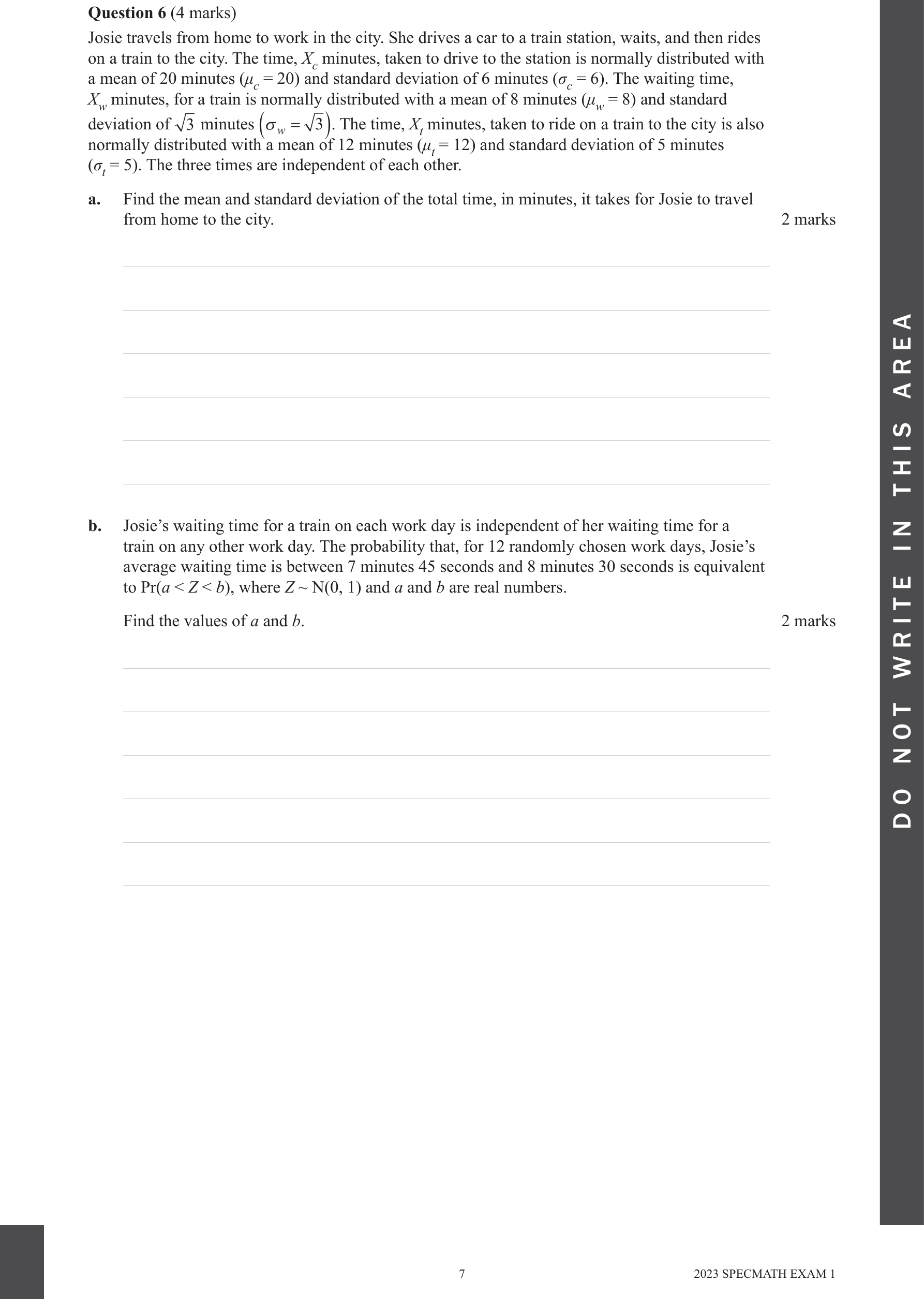 Specialist Mathematics 2023 Exam 1 Question 6(b) — Distribution of the sample mean, Normality of linear combinations