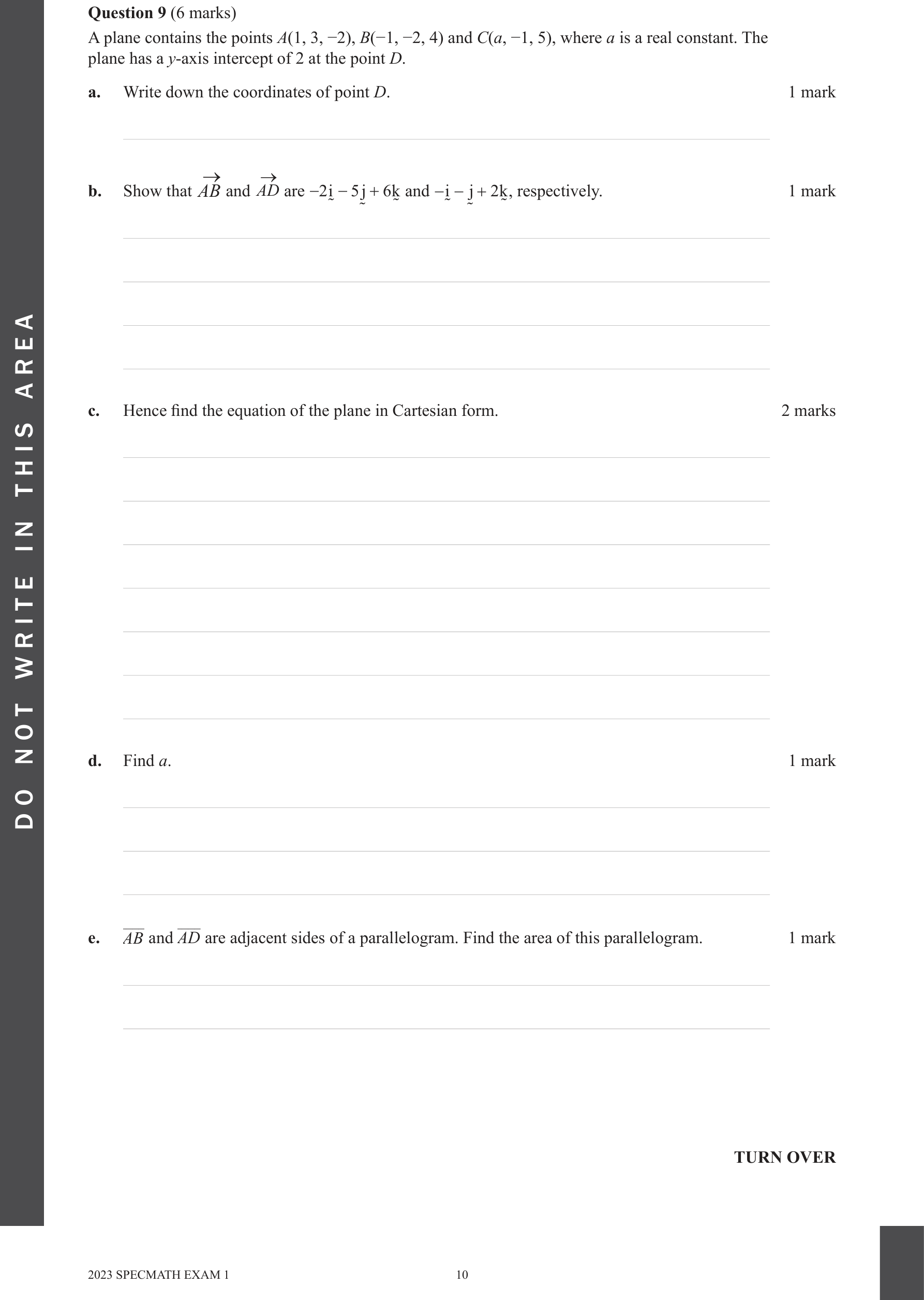 Specialist Mathematics 2023 Exam 1 Question 9(c) — Cartesian equation of a line, Normals to planes via cross product