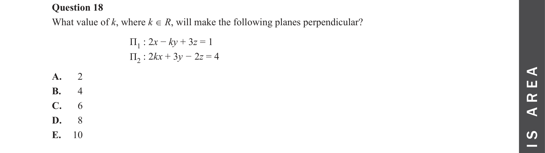 Specialist Mathematics 2023 Exam 2 Question 18 — Normals to planes via cross product, Scalar (dot) product and resolutes