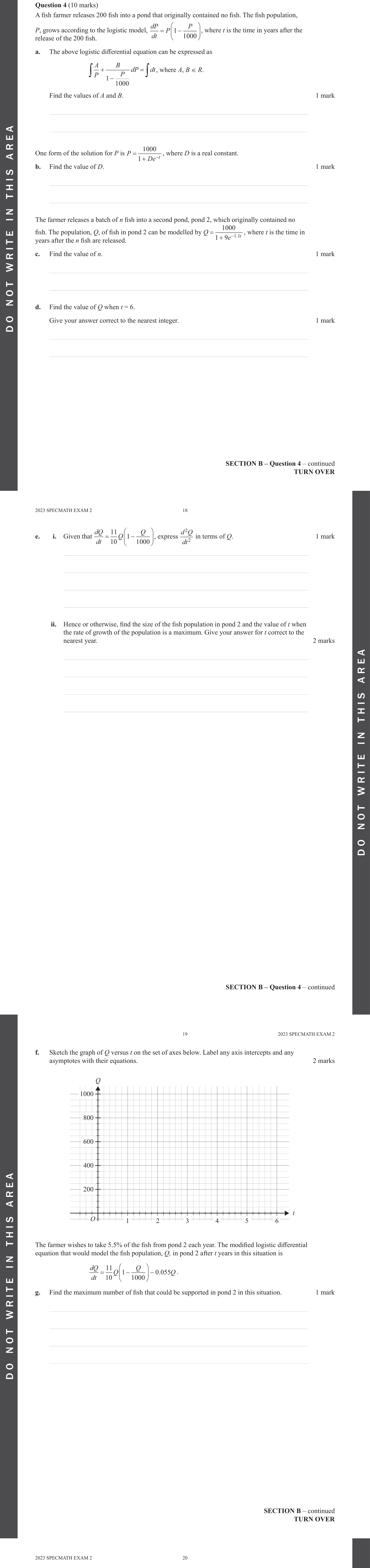 Specialist Mathematics 2023 Exam 2 Question 4(a) — Antidifferentiation using partial fractions, Logistic differential equation