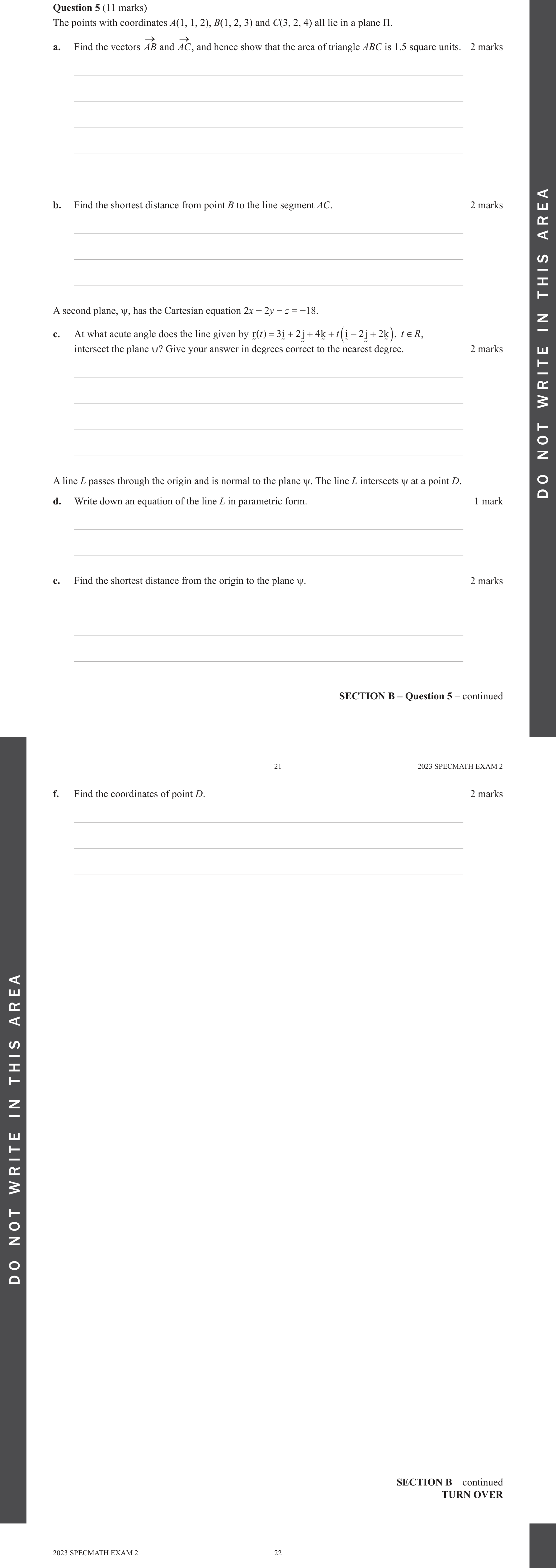 Specialist Mathematics 2023 Exam 2 Question 5(d) — Parametric and Cartesian equations of planes, Vector equation of a line
