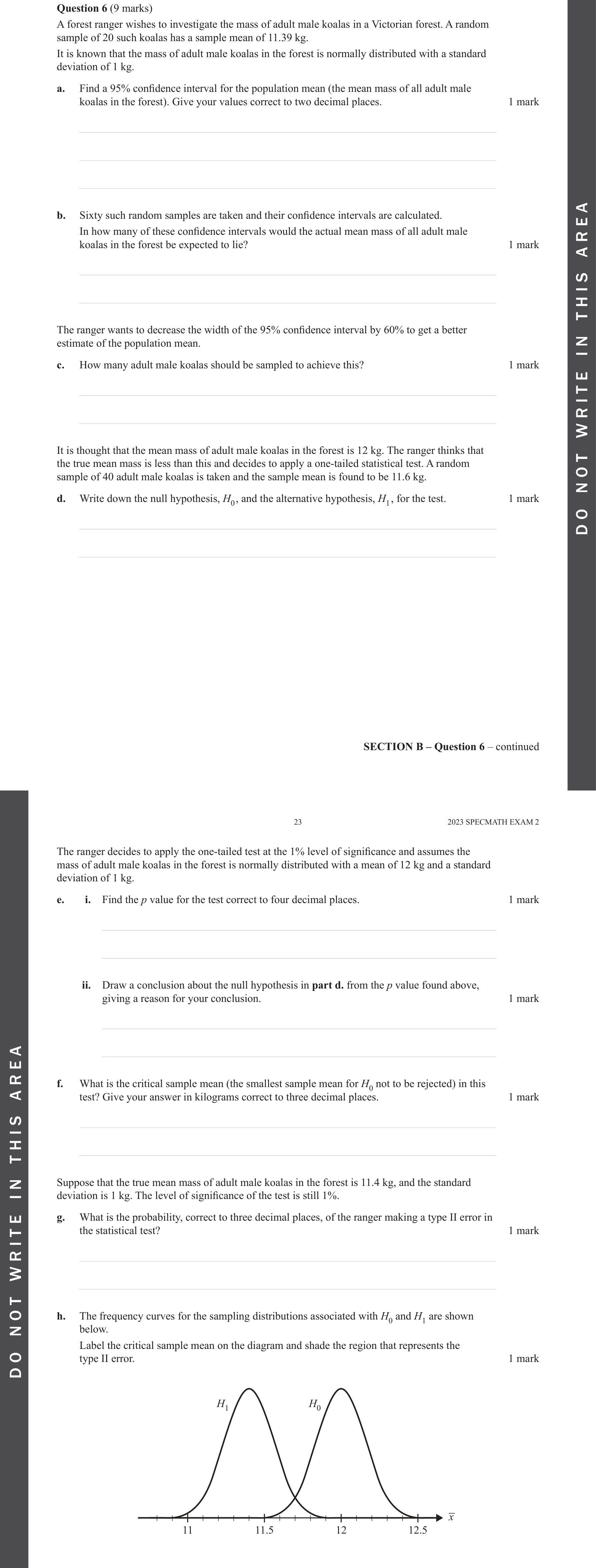 Specialist Mathematics 2023 Exam 2 Question 6(e)(i) — Level of significance and p-value, Testing with known population variance