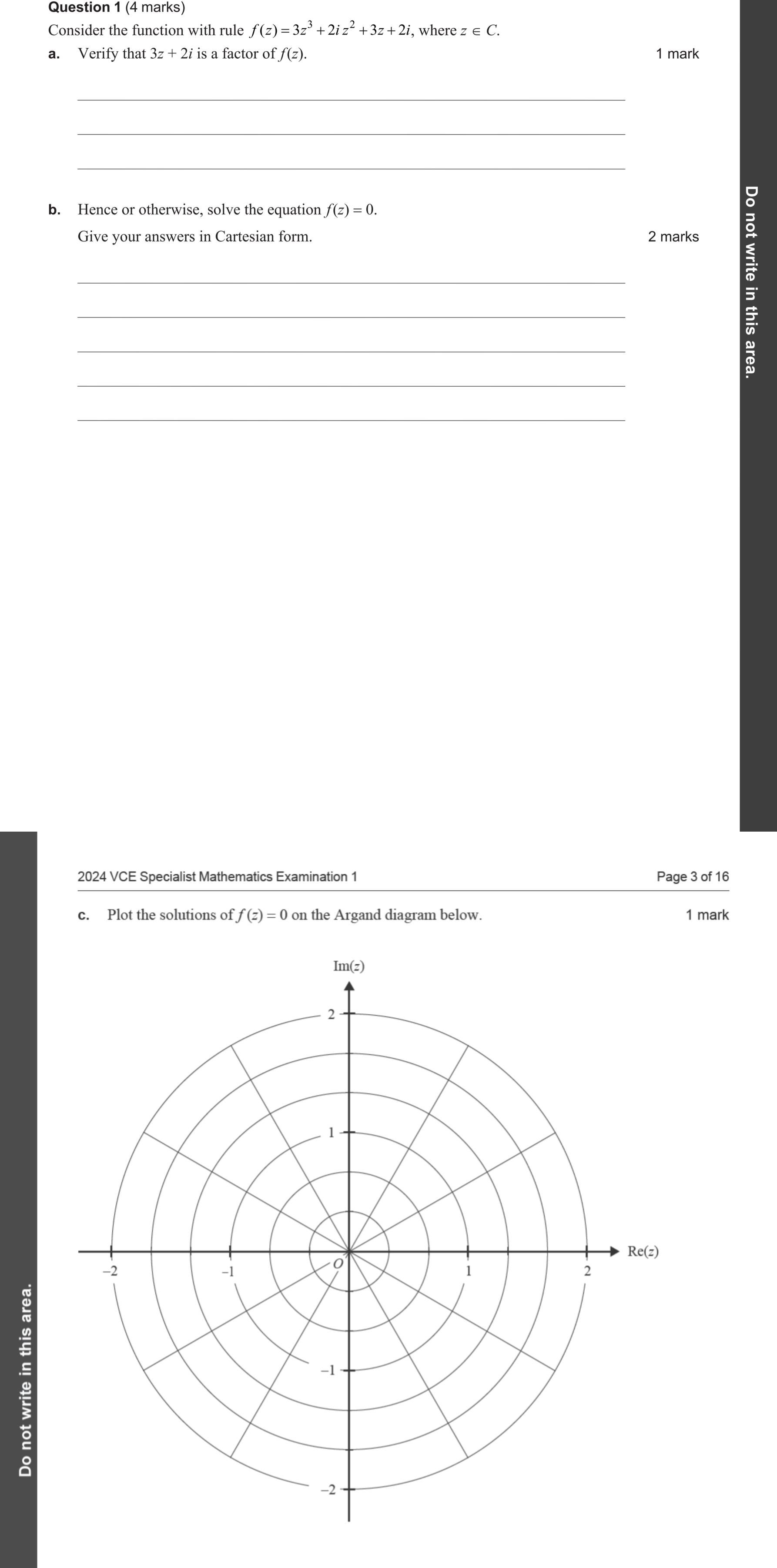 Specialist Mathematics 2024 Exam 1 Question 1(b) — Solving polynomial equations over C, Conjugate root theorem