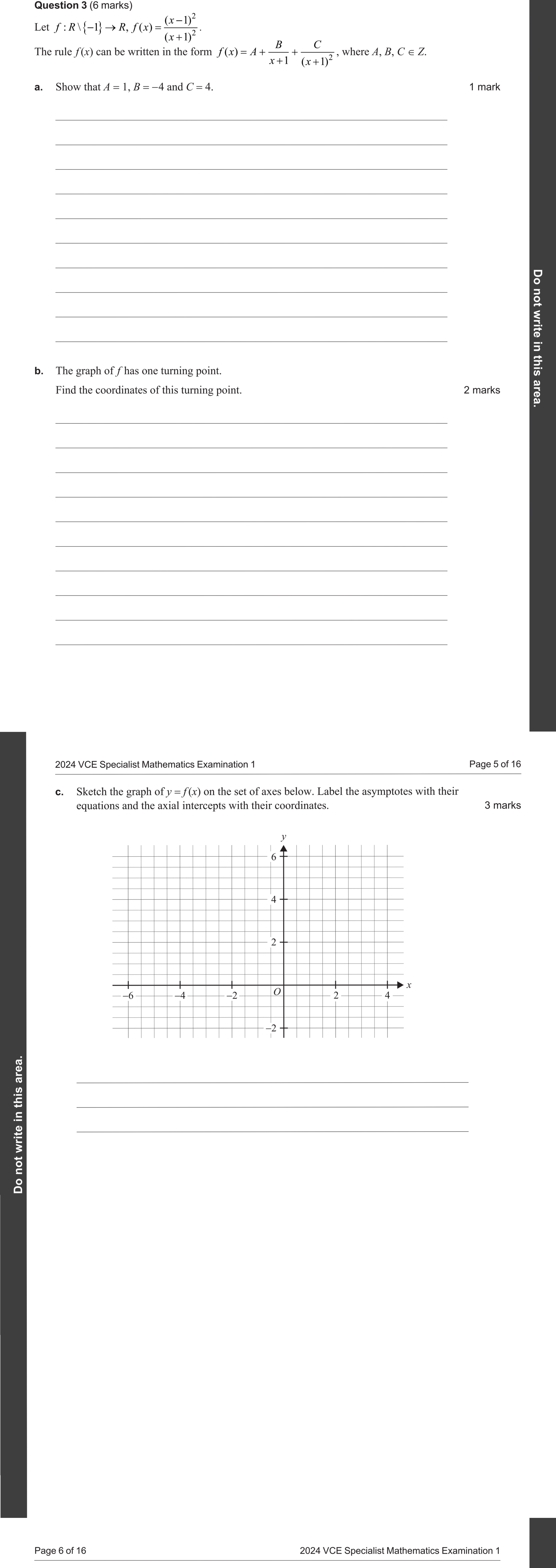 Specialist Mathematics 2024 Exam 1 Question 3(c) — Graphs of rational functions, Asymptotic behaviour analysis