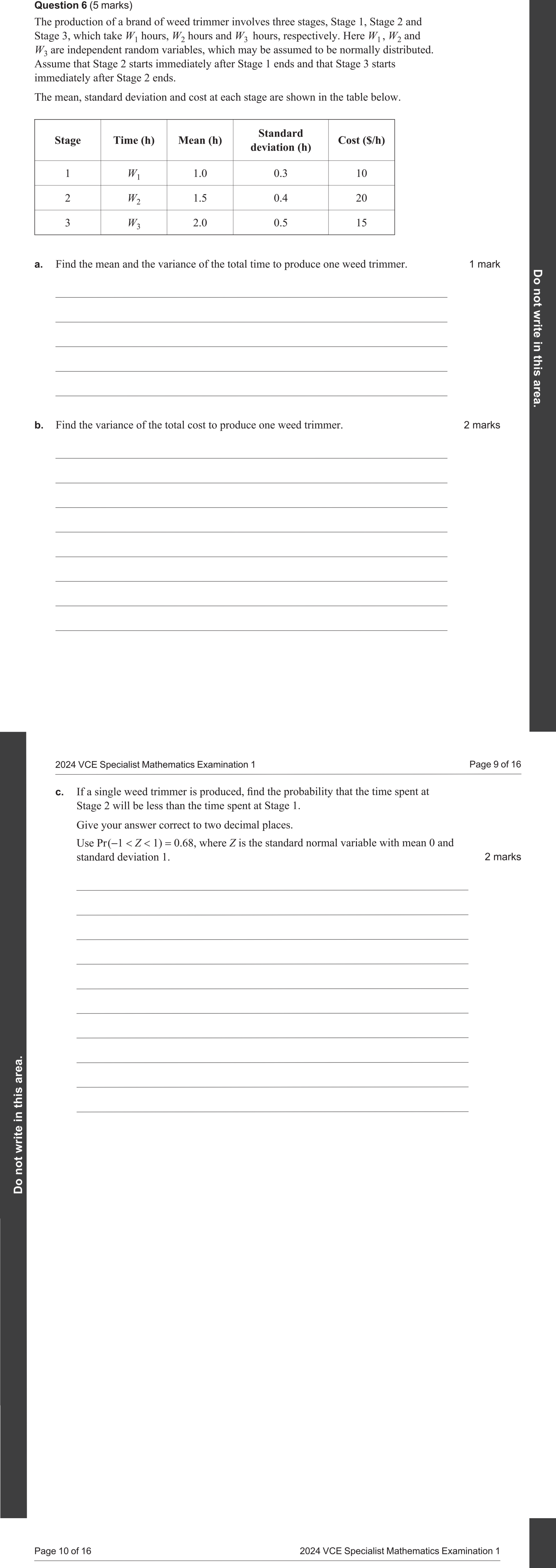 Specialist Mathematics 2024 Exam 1 Question 6(b) — Variance of linear combinations