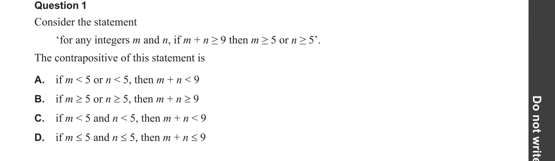 Specialist Mathematics 2024 Exam 2 Question 1 — Implications and equivalence statements, Proof by contrapositive
