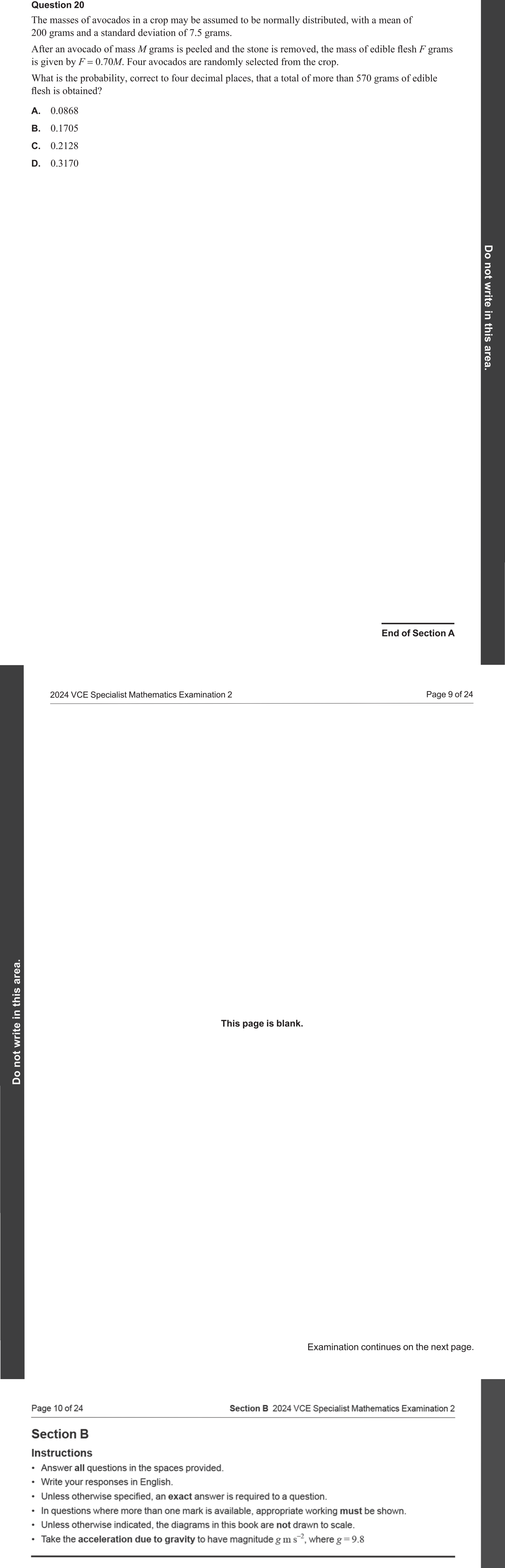 Specialist Mathematics 2024 Exam 2 Question 20 — Linear combinations with real coefficients, Normality of linear combinations