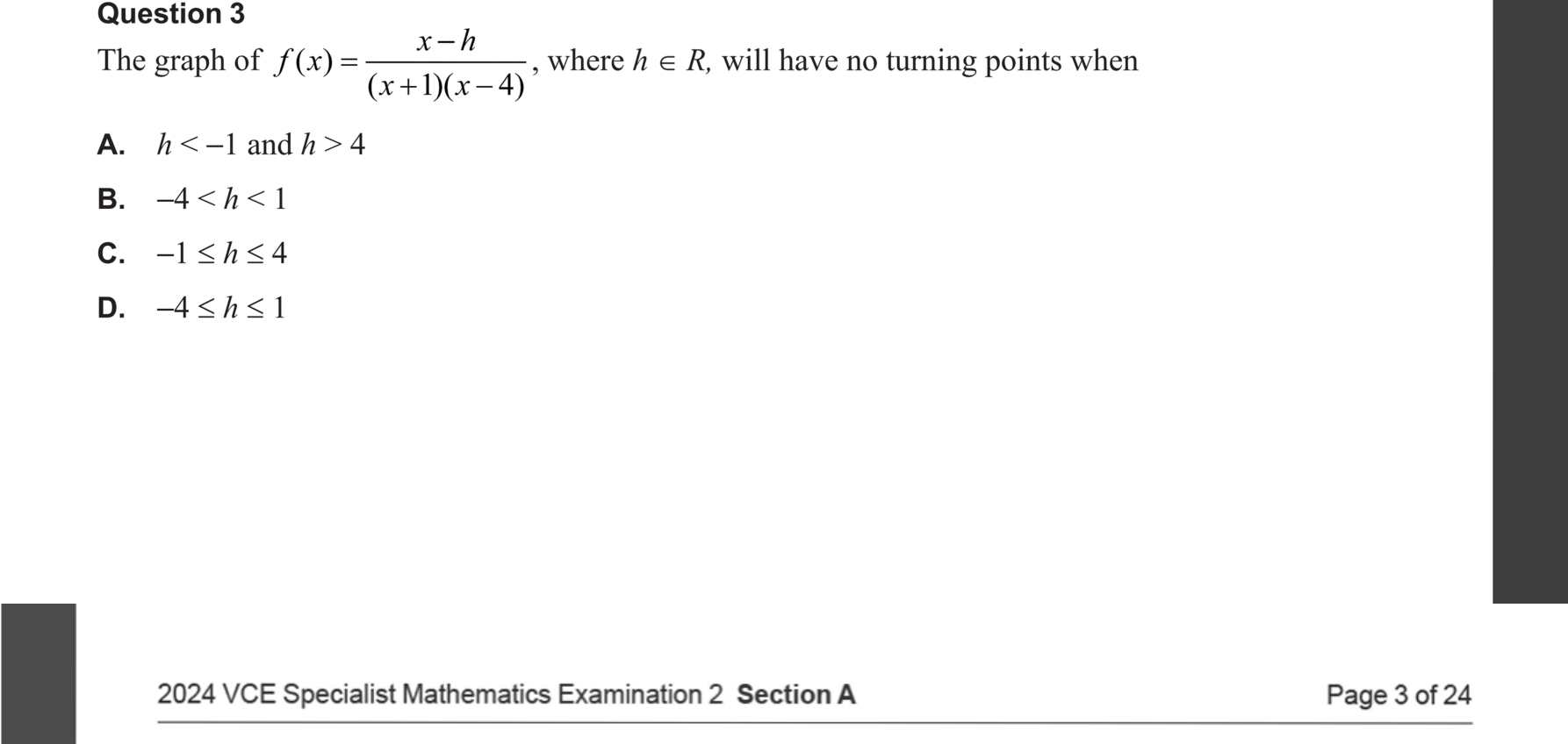 Specialist Mathematics 2024 Exam 2 Question 3 — Stationary points of rational functions, Graphs of rational functions