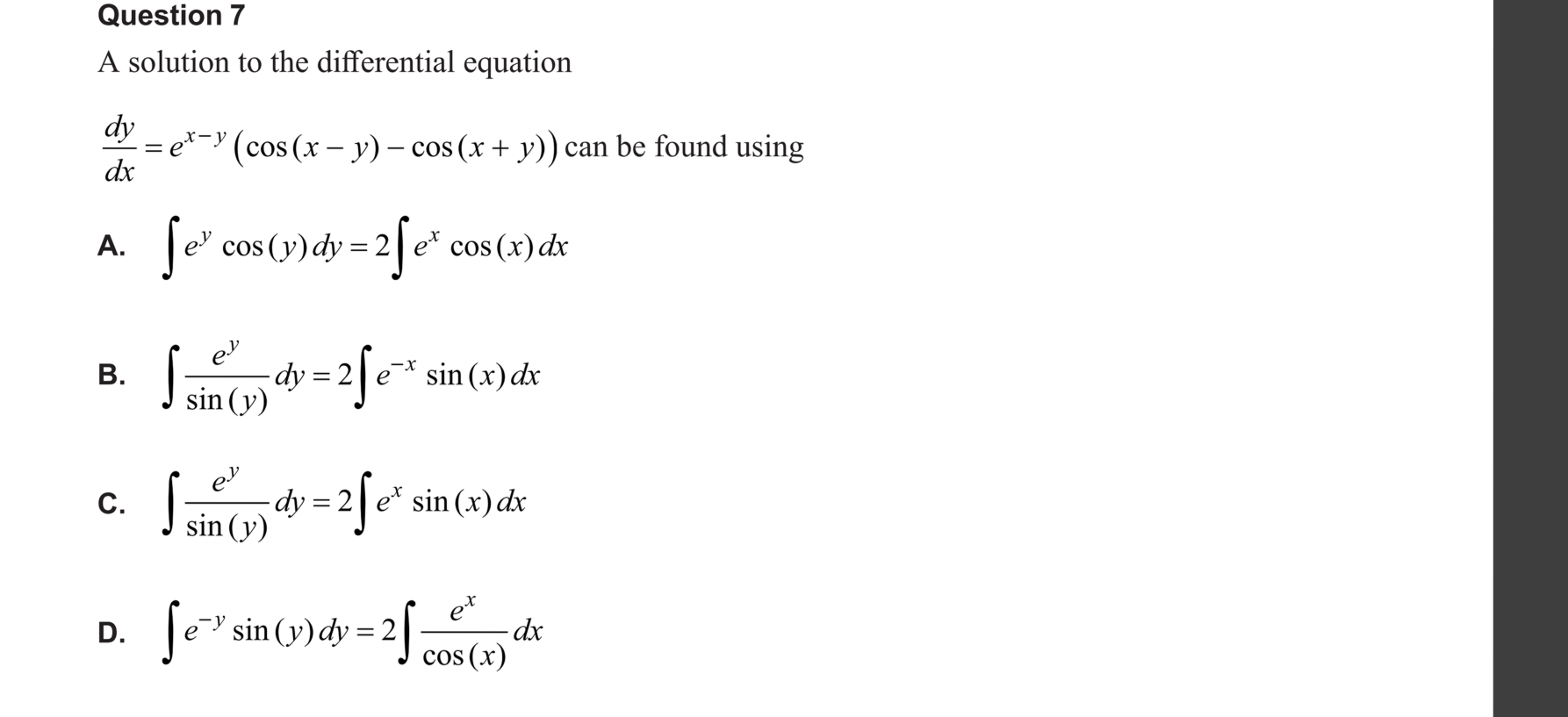 Specialist Mathematics 2024 Exam 2 Question 7 — Separation of variables