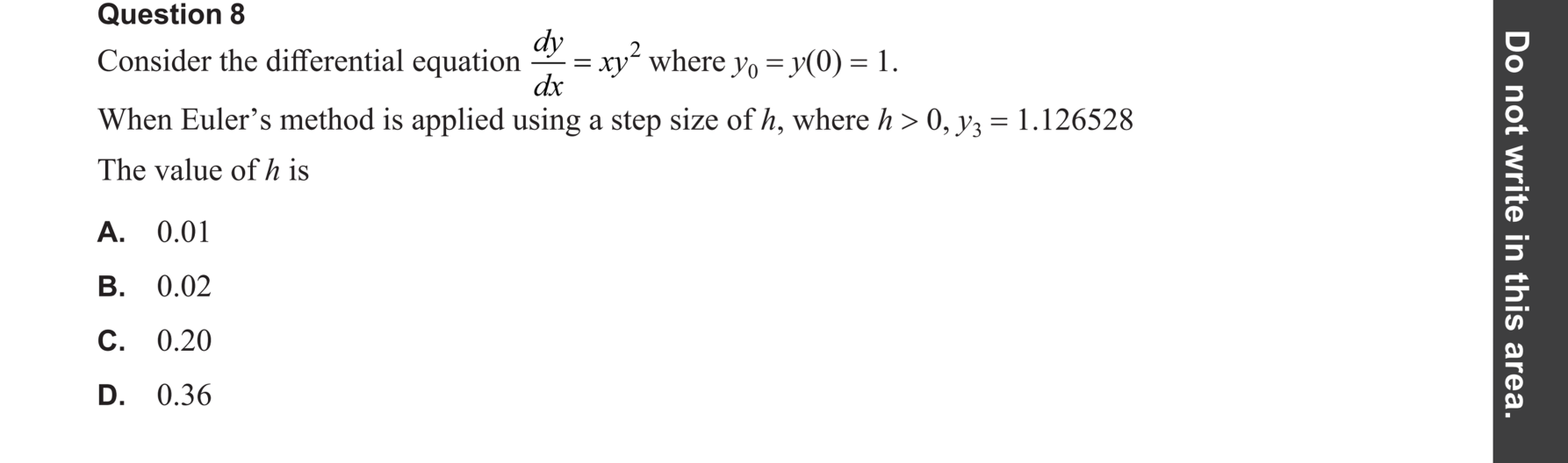 Specialist Mathematics 2024 Exam 2 Question 8 — Euler's method numerical solution