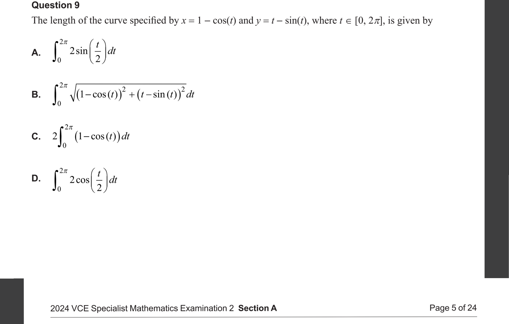 Specialist Mathematics 2024 Exam 2 Question 9 — Arc length of parametric curves