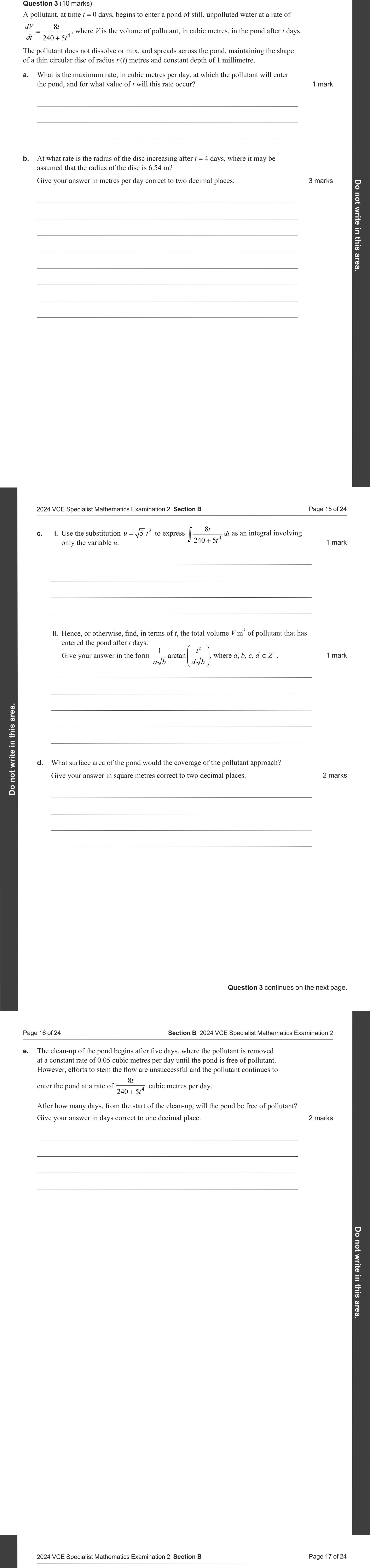 Specialist Mathematics 2024 Exam 2 Question 3(e) — Formulation from real-world contexts, Separation of variables