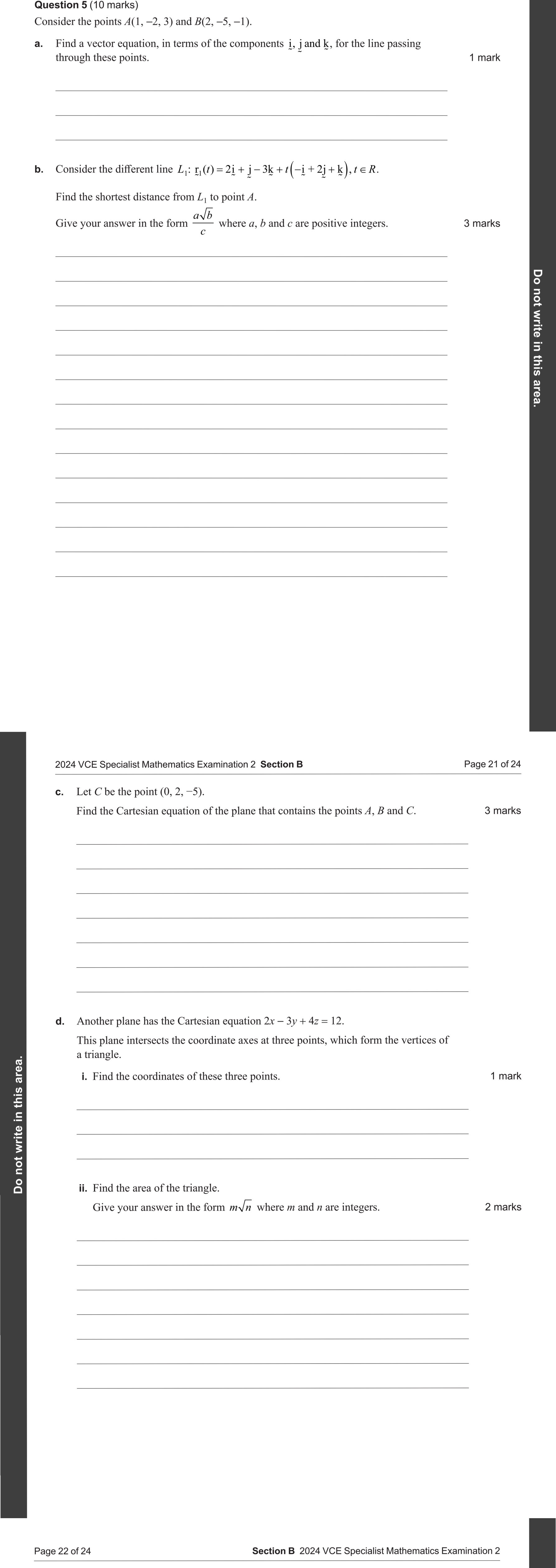 Specialist Mathematics 2024 Exam 2 Question 5(c) — Vector equation of a plane, Normals to planes via cross product