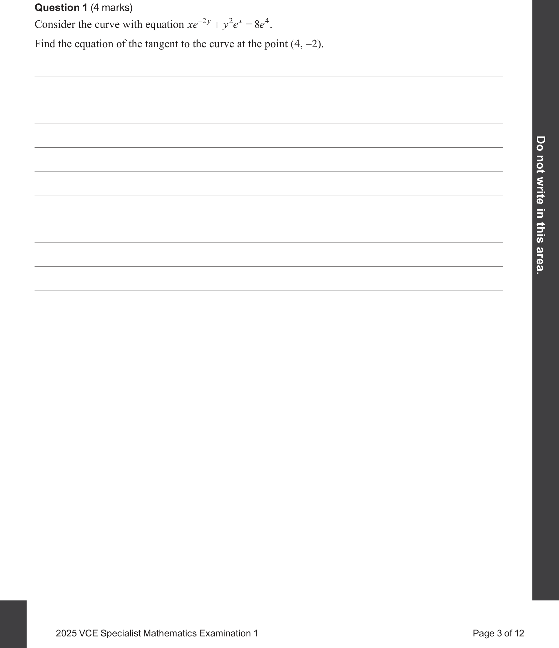 Specialist Mathematics 2025 Exam 1 Question 1 — Implicit differentiation