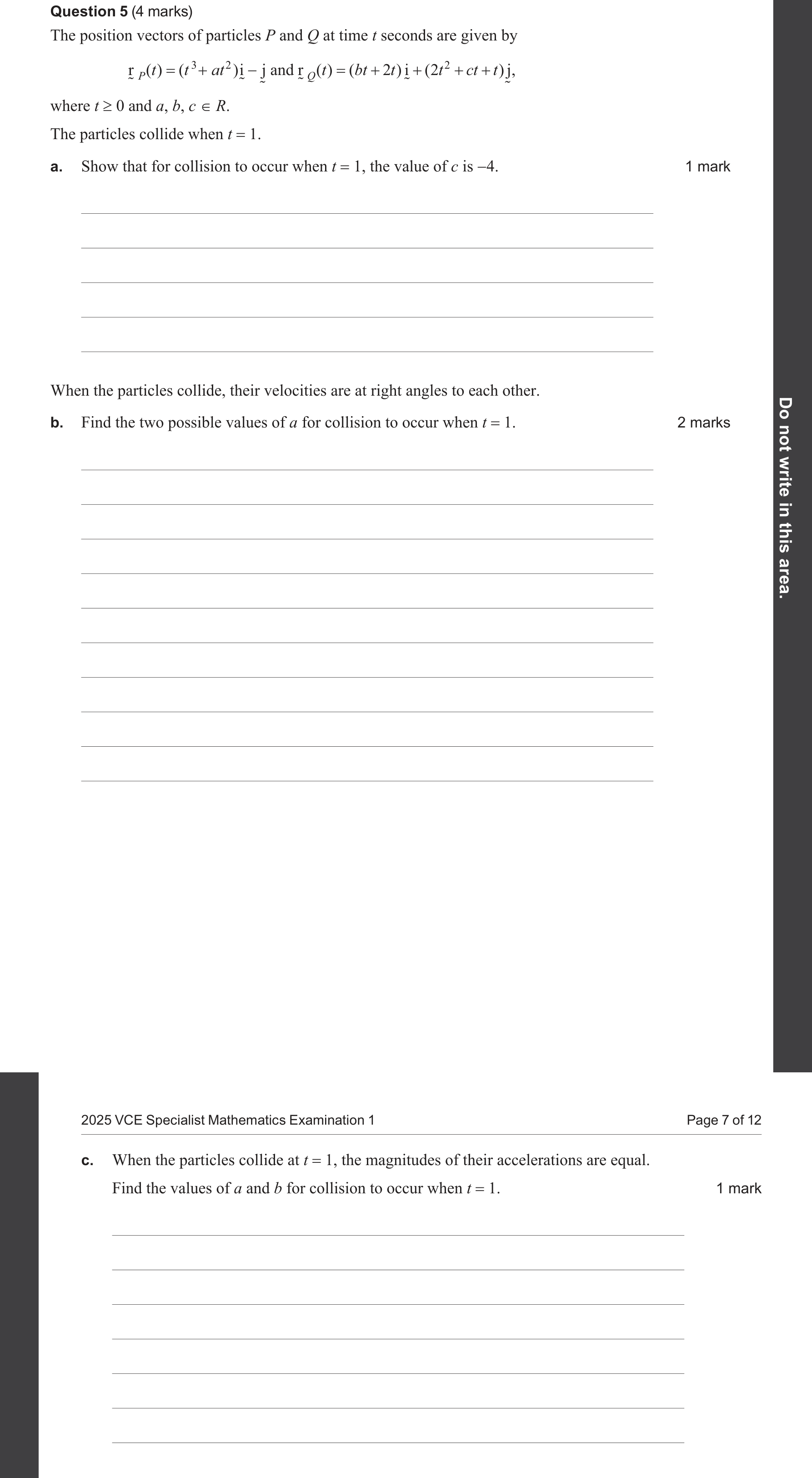 Specialist Mathematics 2025 Exam 1 Question 5(a) — Position vector as function of time, Intersection and meeting of particles