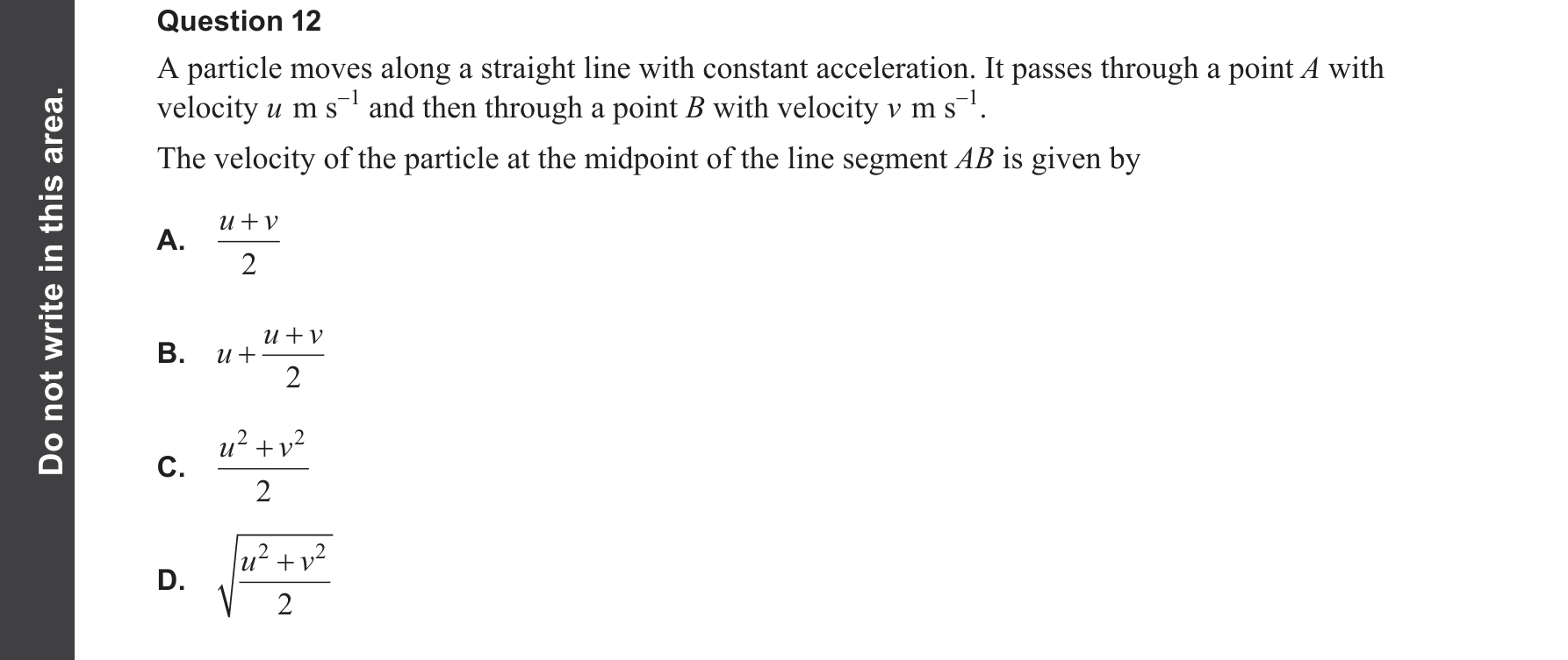 Specialist Mathematics 2025 Exam 2 Question 12 — Rectilinear motion using calculus
