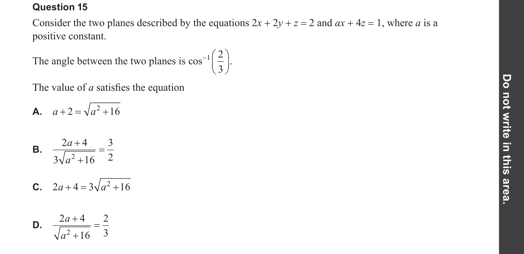 Specialist Mathematics 2025 Exam 2 Question 15 — Normals to planes via cross product, Scalar (dot) product and resolutes