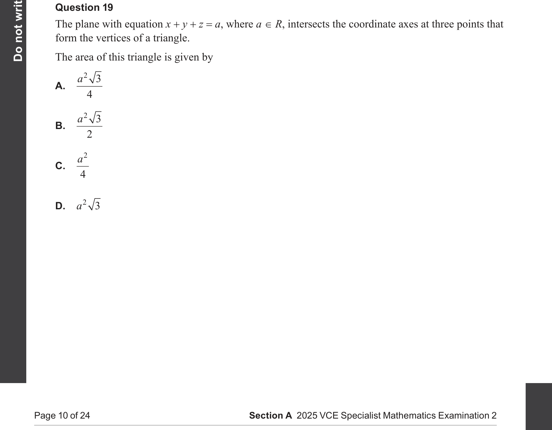 Specialist Mathematics 2025 Exam 2 Question 19 — Vector (cross) product in three dimensions, Parametric and Cartesian equations of planes