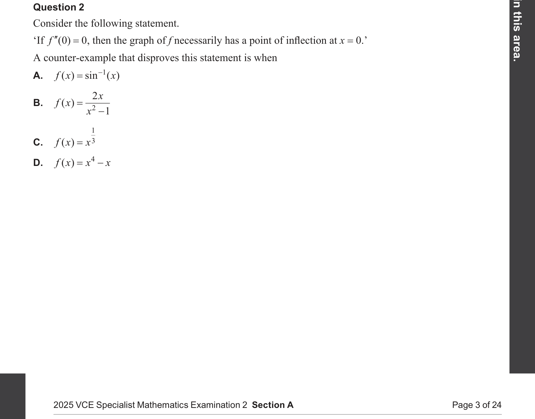 Specialist Mathematics 2025 Exam 2 Question 2 — Conjectures and counter-examples, Points of inflection