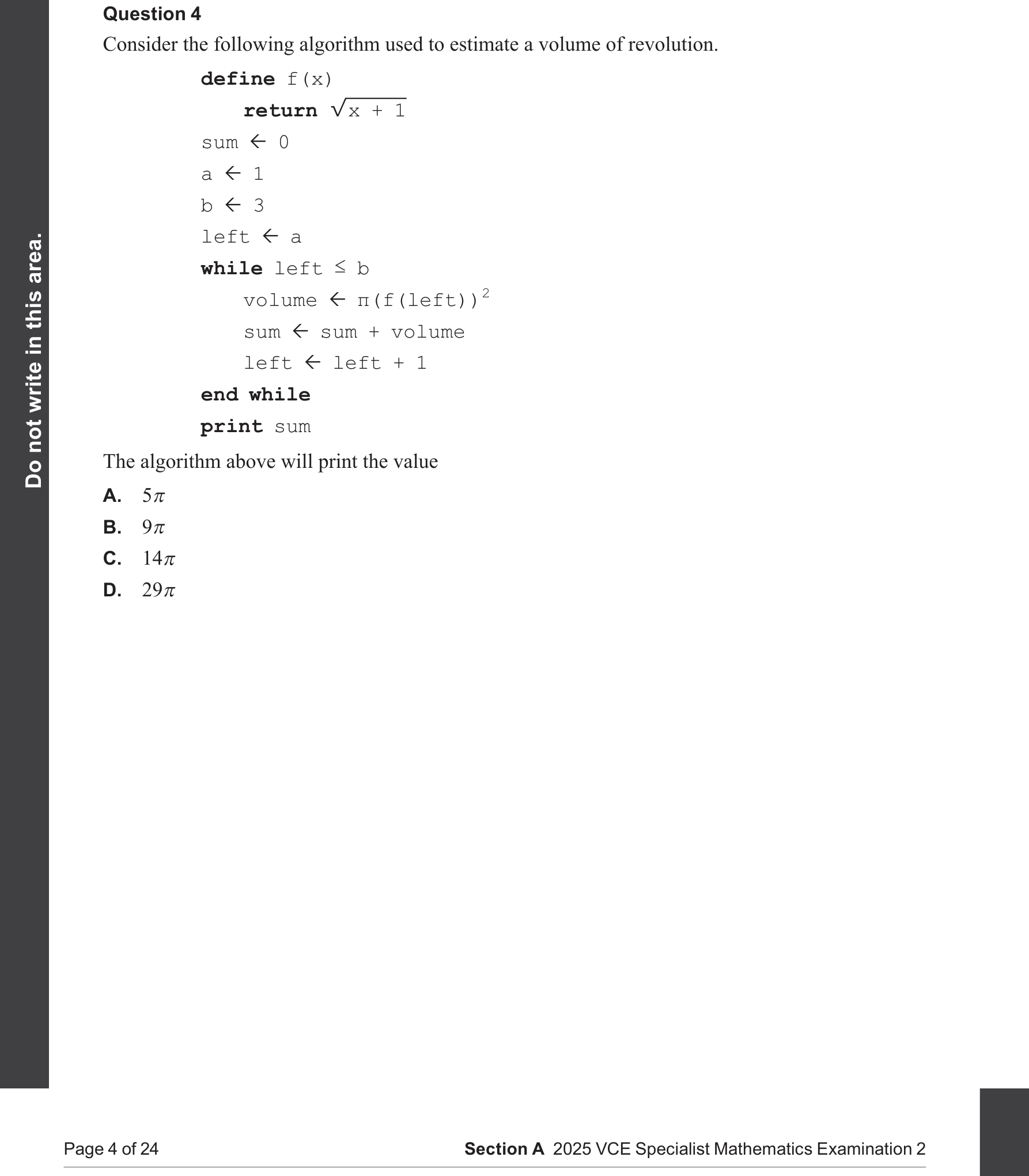 Specialist Mathematics 2025 Exam 2 Question 4 — Numerical integration with technology, Volumes of solids of revolution