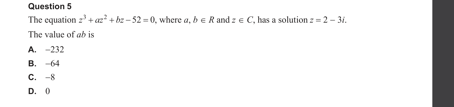 Specialist Mathematics 2025 Exam 2 Question 5 — Conjugate root theorem, Solving polynomial equations over C