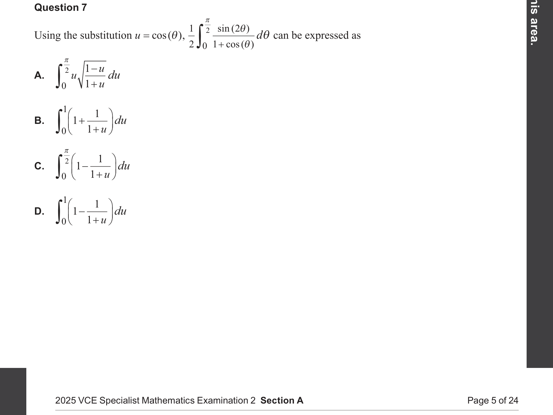 Specialist Mathematics 2025 Exam 2 Question 7 — Integration by substitution, Trigonometric identities in integration