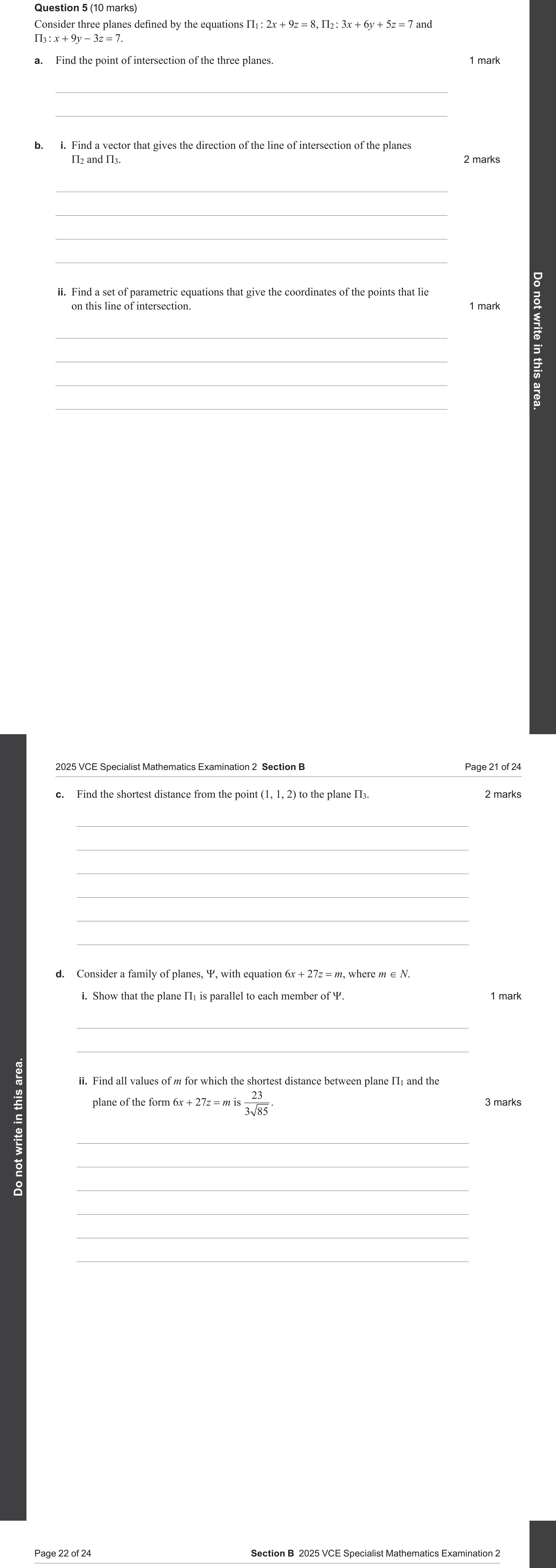Specialist Mathematics 2025 Exam 2 Question 5(d)(i) — Parallel and perpendicular vectors, Parametric and Cartesian equations of planes