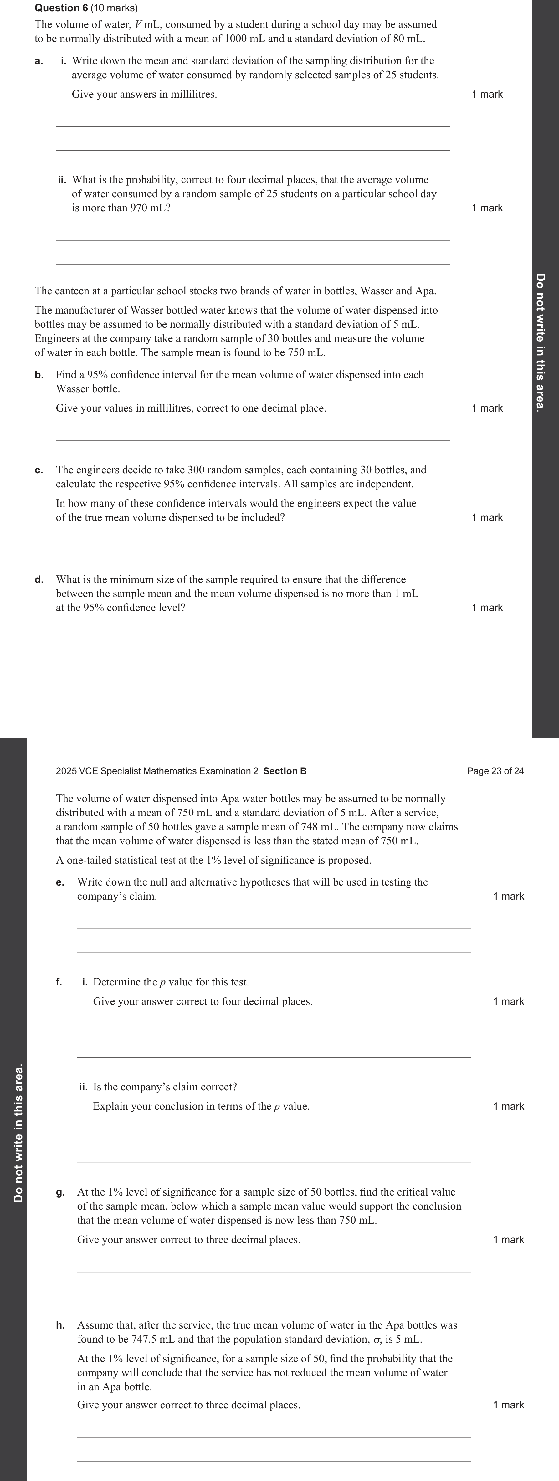 Specialist Mathematics 2025 Exam 2 Question 6(a)(i) — Distribution of the sample mean, Sample mean as random variable